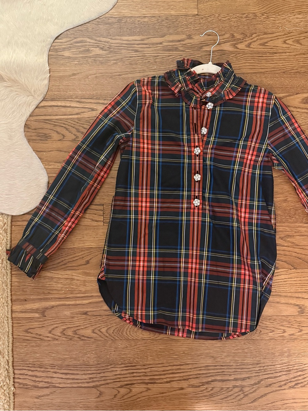 J. Crew Girls' Plaid Ruffle Collar Long-Sleeve Top - Black, Red & Blue